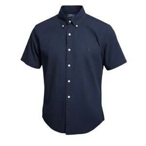 NWT Polo Ralph Lauren Mens RL Untucked Fit Seersucker Solid Navy Blue Small